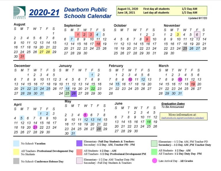 Color coded school calendar