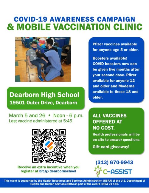 Flyer for Dearborn High vaccine clinics