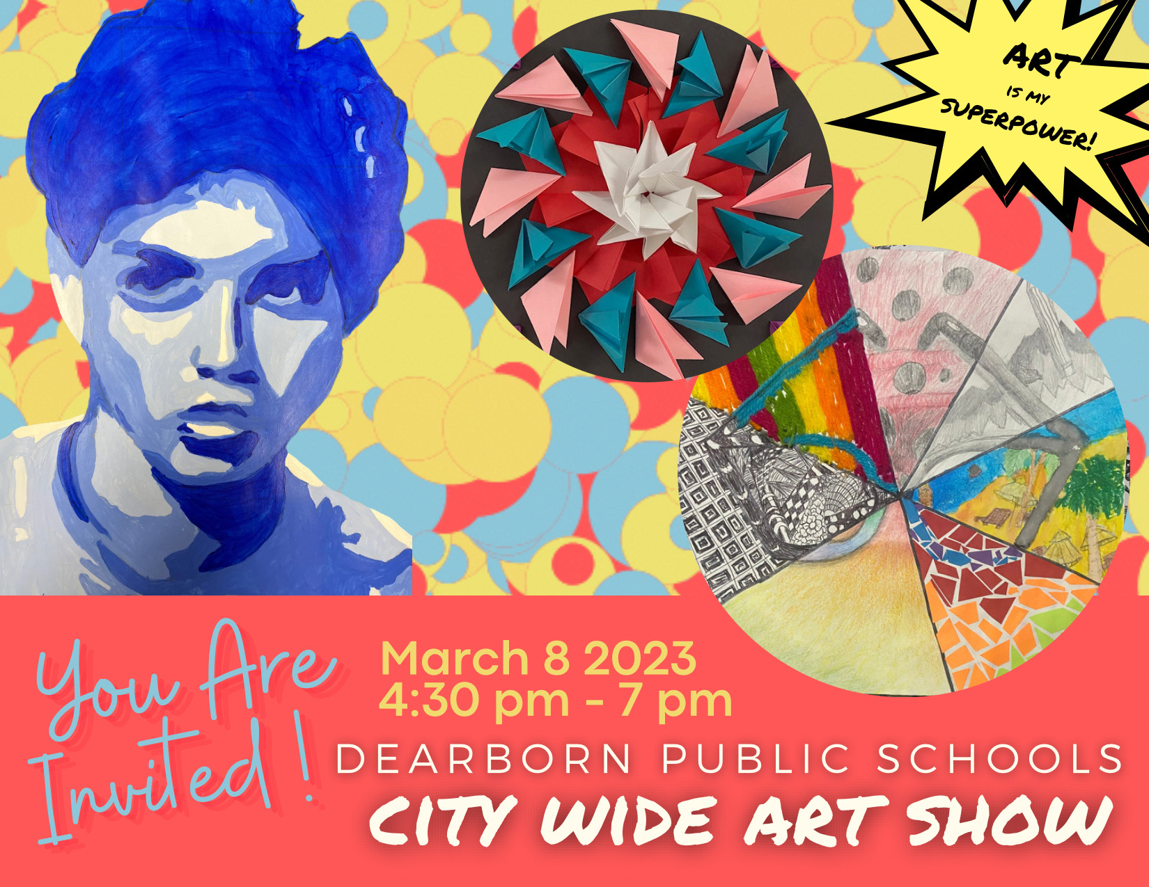 Postcard for the Dearborn Public Schools City Wide Art Show opening reception