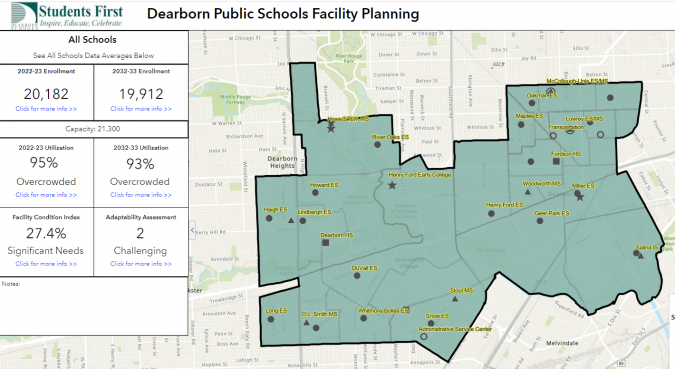 A map shows information about individual school buildings in the district