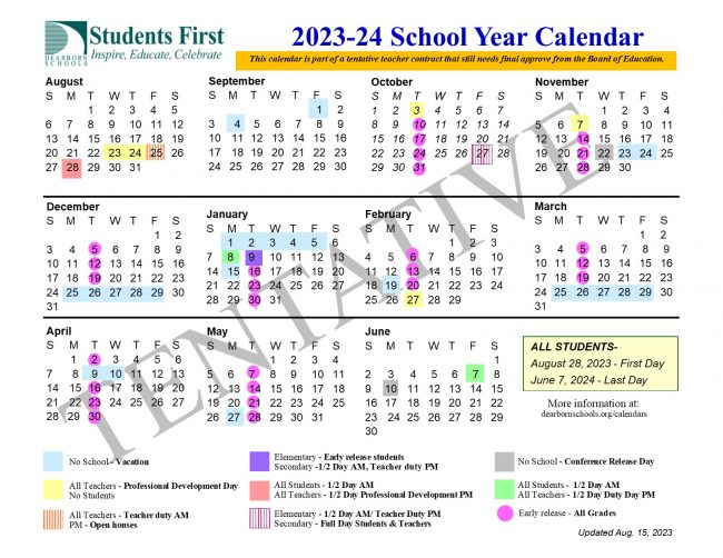 Graphic showing the district calendar updated 8-16-23
