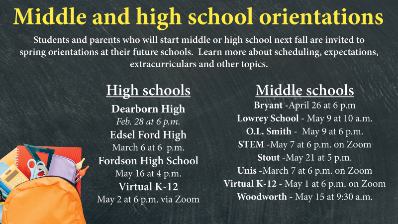 Flier for middle and high school orientations in spring 2024