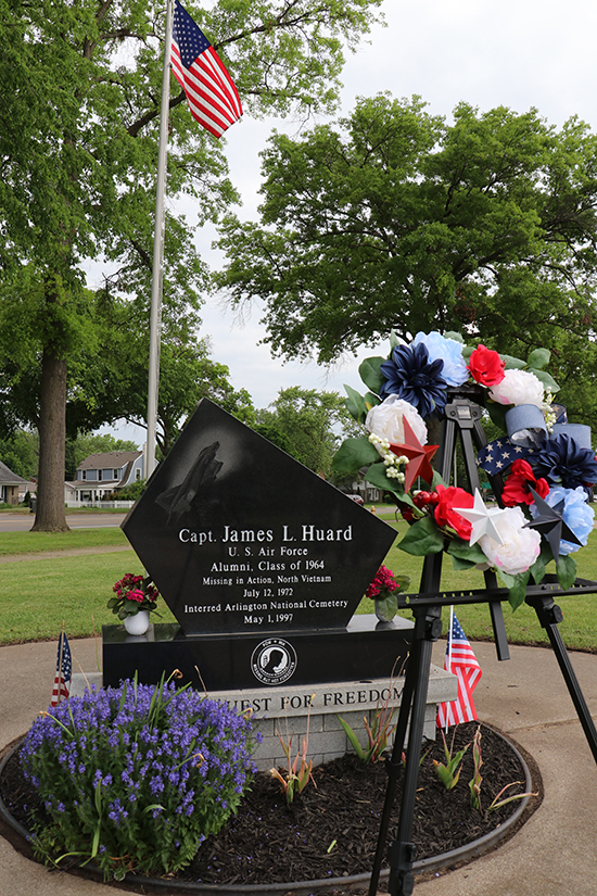 Huard memorial at Dearborn High smaller A patriotic wreath stands next to a memorial for Capt. James Huard outside of Dearborn High School.